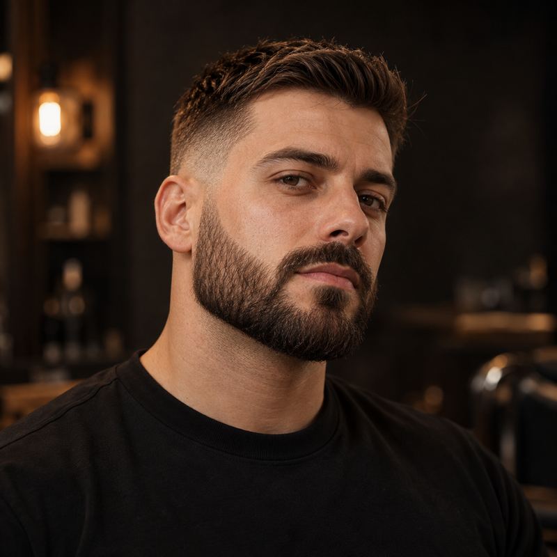 Krótki crew cut z lekko dłuższą górą z przodu i krótkimi bokami — zdjęcie poglądowe