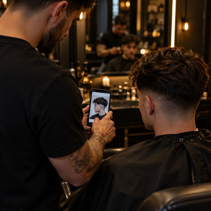 Barber przegląda z klientem zdjęcie referencyjne fryzury na telefonie przed strzyżeniem — zdjęcie poglądowe