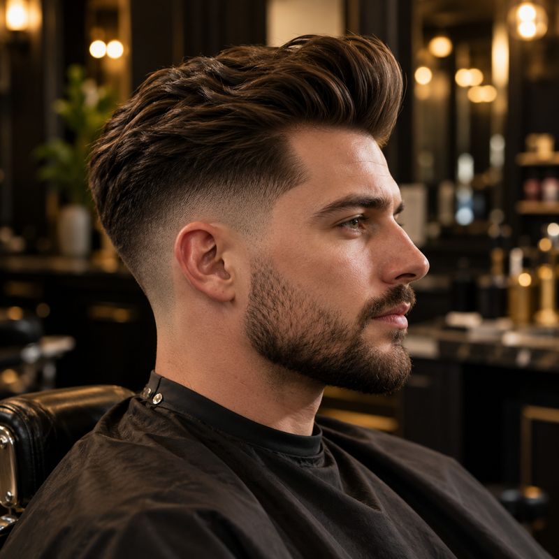 Pompadour z wysoko uniesioną, zaczesaną do tyłu górą i fade na bokach, widok z profilu — zdjęcie poglądowe