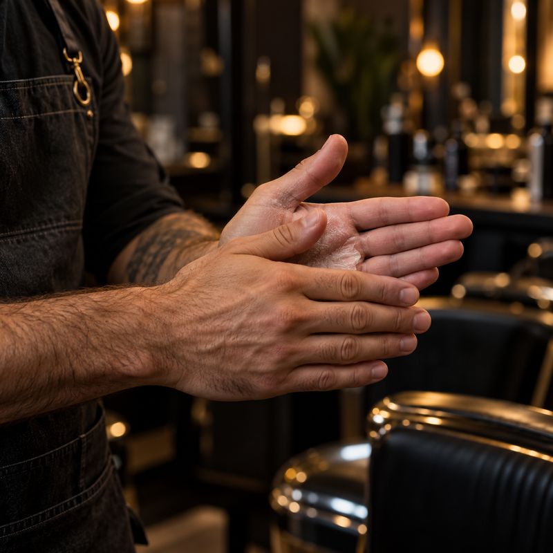 Dłonie rozcierające porcję matowej pasty do włosów przed nałożeniem, wnętrze barbershopu — zdjęcie poglądowe