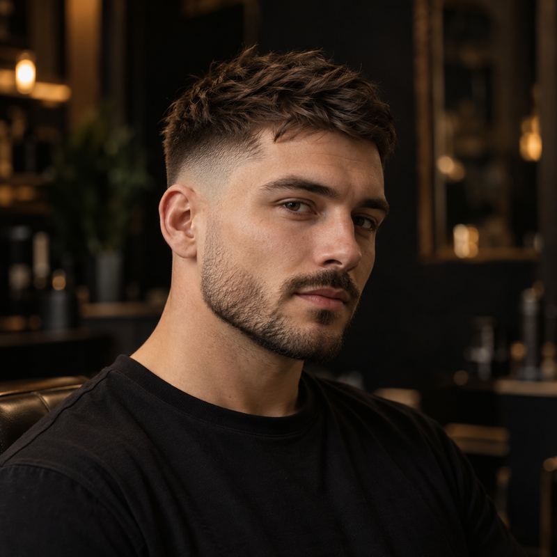 Textured crop z krótką, teksturowaną grzywką i fade na bokach — zdjęcie poglądowe